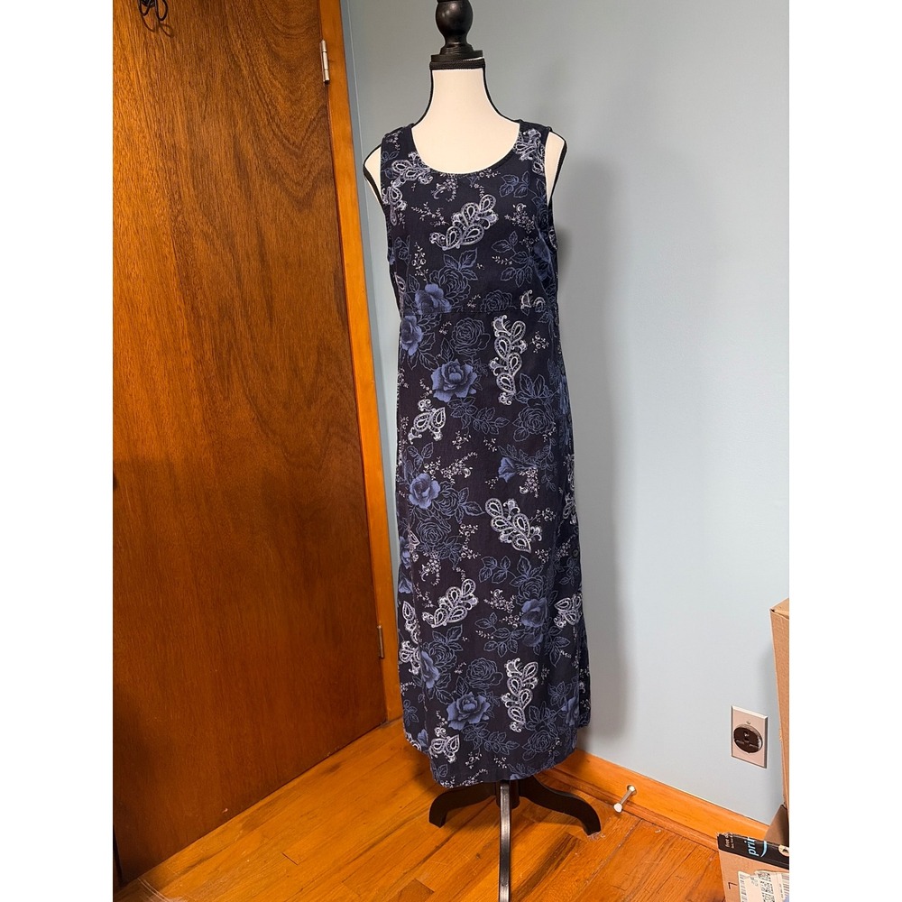 Cambridge Spirit Womens 8 Navy Blue Floral Corduroy Sleeveless Maxi Dress Slit
